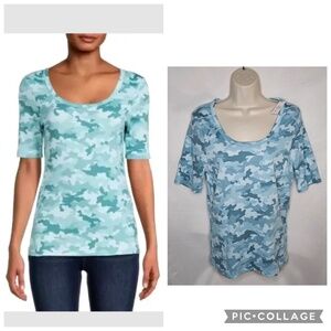 New Women Time and Tru Classic Camo Studio Blue Multi Elbow Sleeve Shirt L 12 14